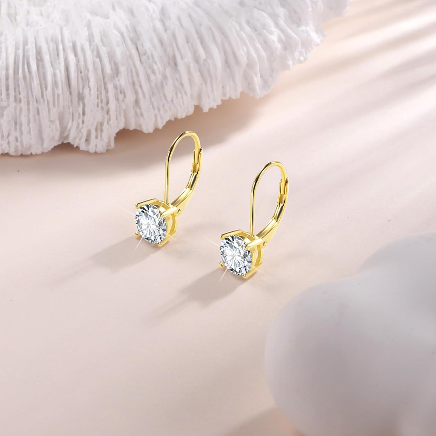 LANCHARMED Moissanite Earrings, White Gold Plated Soild Sterling Silver Dangle Earrings 1.0ct-2.0ct D Color Brilliant Round Cut Lab Created Moissanite French Leverback Drop Earring for Women(A-Gold_1.0CT(0.5ct*2))