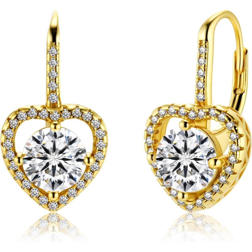 LANCHARMED Moissanite Earrings, White Gold Plated Soild Sterling Silver Dangle Earrings 1.0ct-2.0ct D Color Brilliant Round Cut Lab Created Moissanite French Leverback Drop Earring for Women(HeartGold_2.0ct(1.0ct*2))