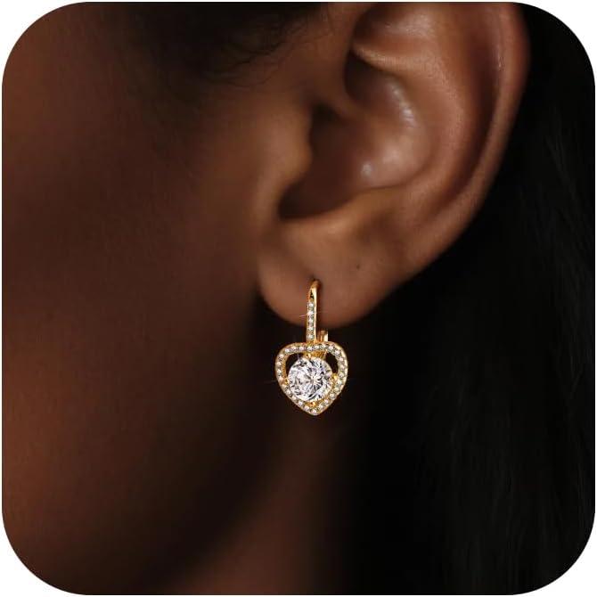 LANCHARMED Moissanite Earrings, White Gold Plated Soild Sterling Silver Dangle Earrings 1.0ct-2.0ct D Color Brilliant Round Cut Lab Created Moissanite French Leverback Drop Earring for Women(HeartGold_2.0ct(1.0ct*2))