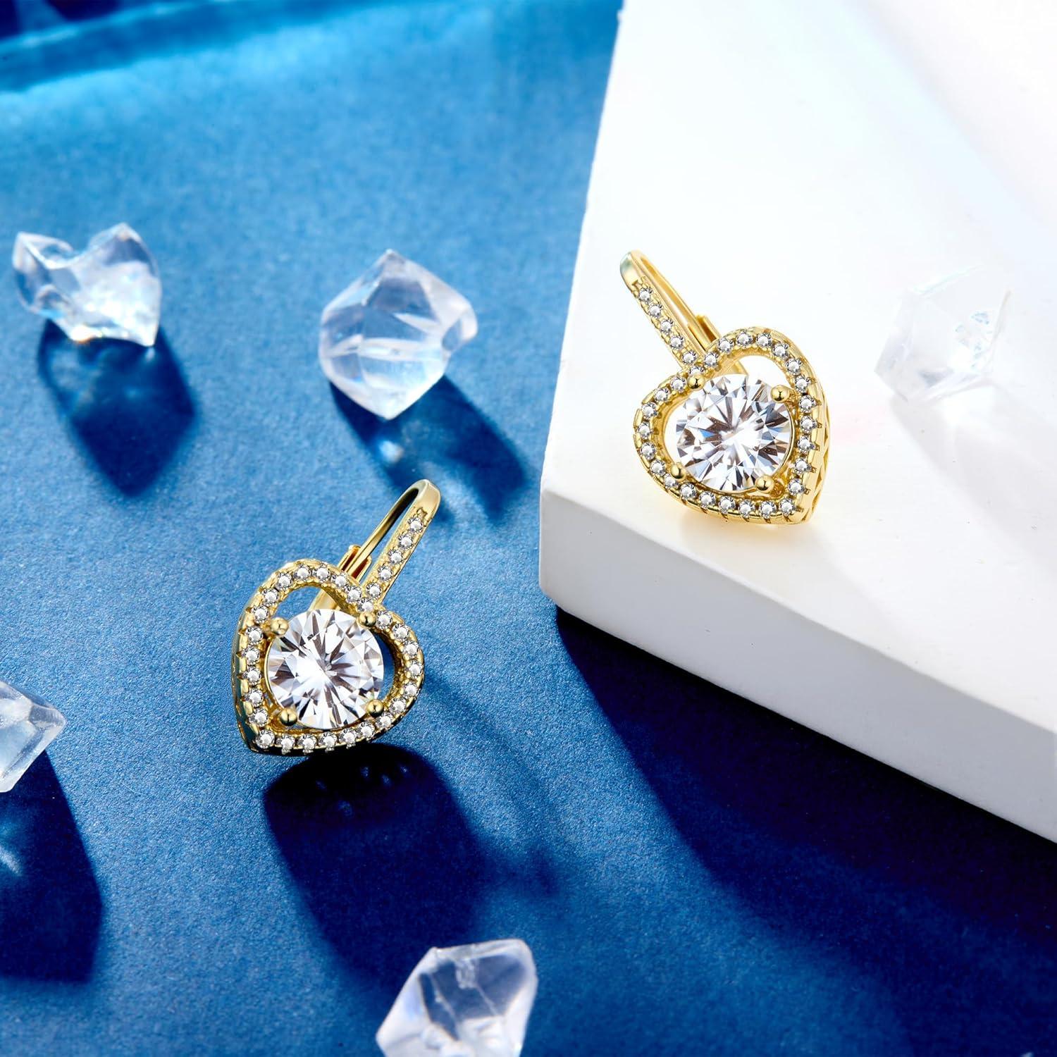 LANCHARMED Moissanite Earrings, White Gold Plated Soild Sterling Silver Dangle Earrings 1.0ct-2.0ct D Color Brilliant Round Cut Lab Created Moissanite French Leverback Drop Earring for Women(HeartGold_2.0ct(1.0ct*2))