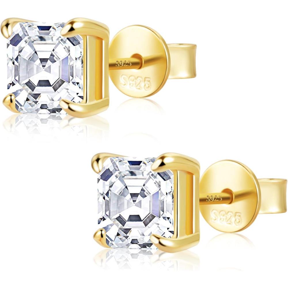 Moissanite Stud Earrings for Women 14K Gold Plated Sterling Silver Stud Earrings 6mm 2ct Asscher Cut D Color VVS1 Moissanite Stud Earrings Lab Created(Gold-5mm-1.2ct(0.6ctx2))