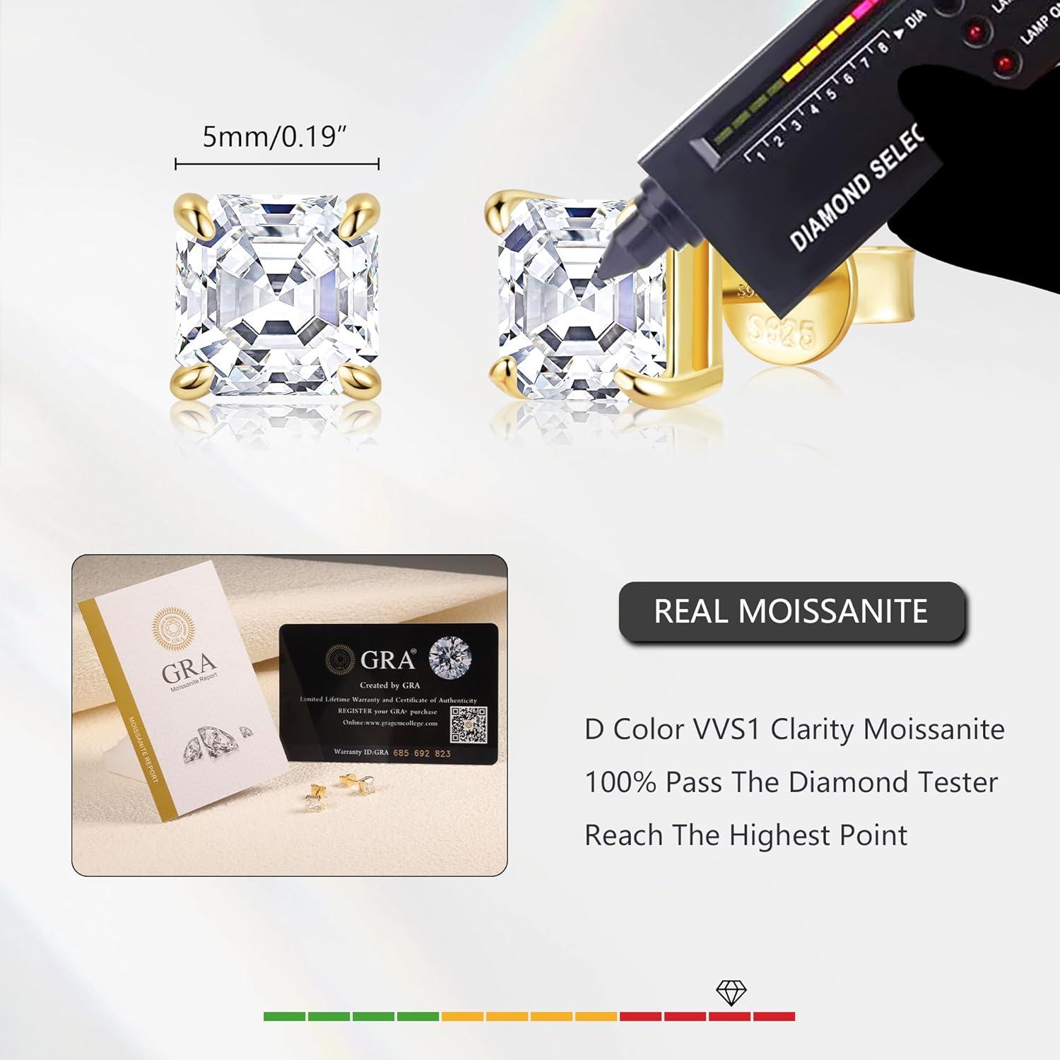 Moissanite Stud Earrings for Women 14K Gold Plated Sterling Silver Stud Earrings 6mm 2ct Asscher Cut D Color VVS1 Moissanite Stud Earrings Lab Created(Gold-5mm-1.2ct(0.6ctx2))