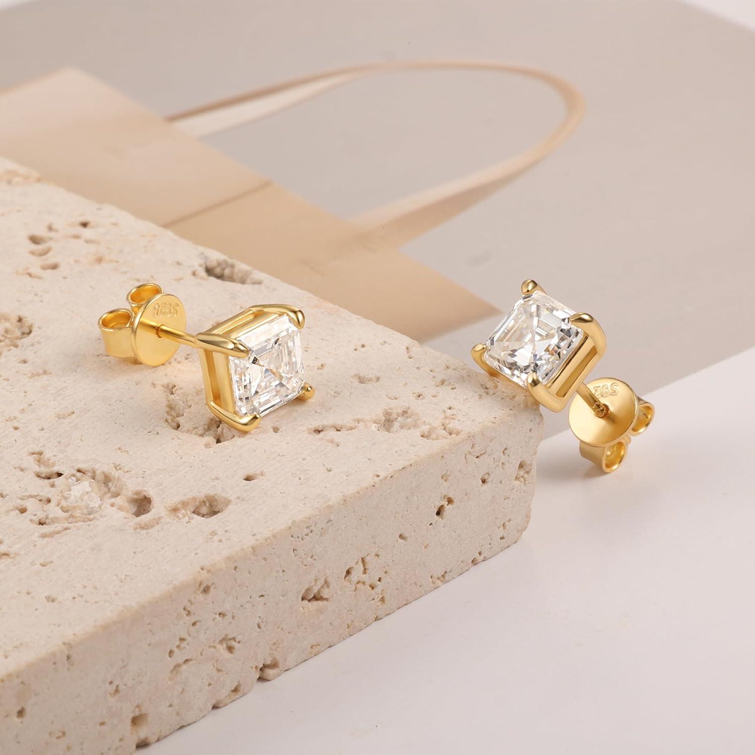 Moissanite Stud Earrings for Women 14K Gold Plated Sterling Silver Stud Earrings 6mm 2ct Asscher Cut D Color VVS1 Moissanite Stud Earrings Lab Created(Gold-5mm-1.2ct(0.6ctx2))