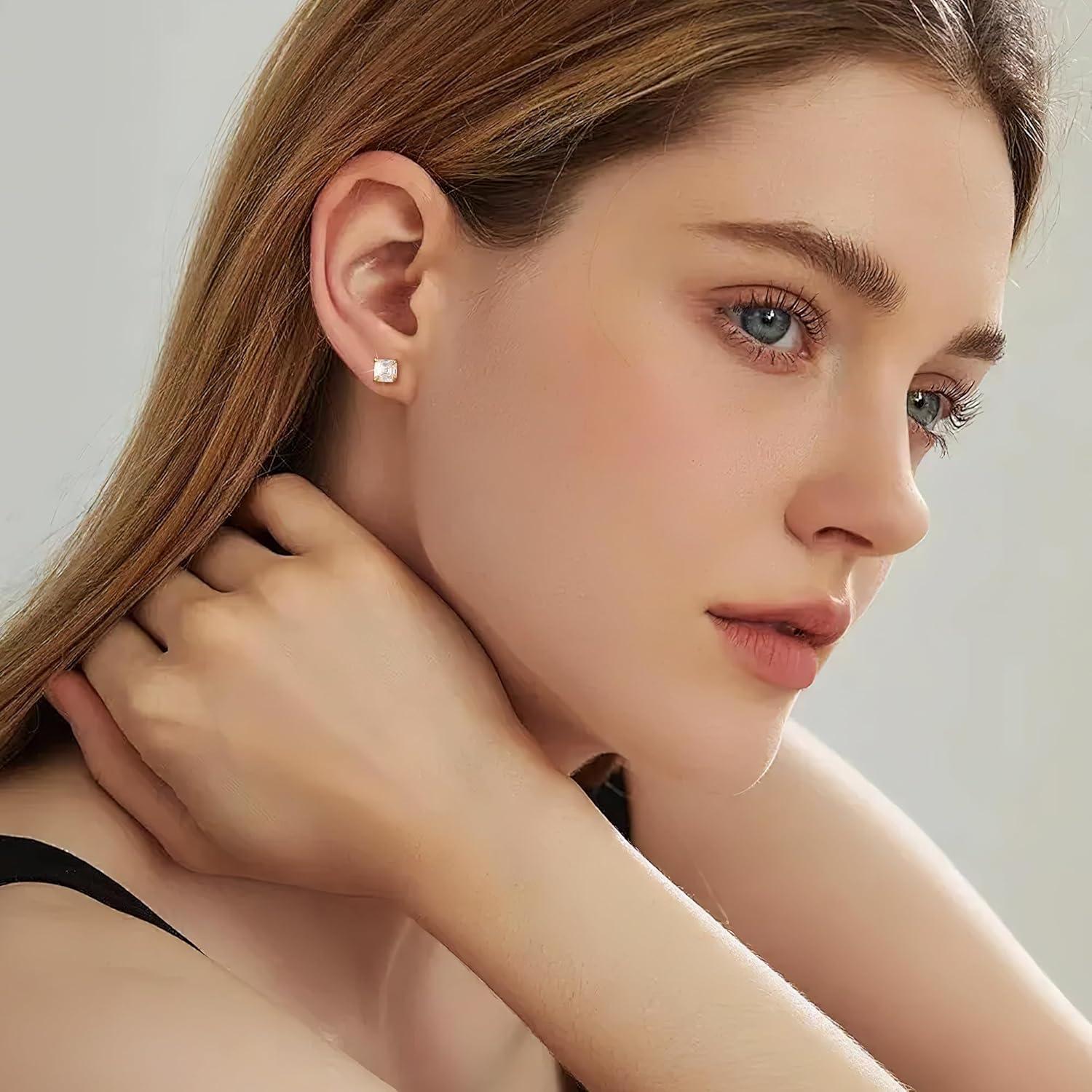 Moissanite Stud Earrings for Women 14K Gold Plated Sterling Silver Stud Earrings 6mm 2ct Asscher Cut D Color VVS1 Moissanite Stud Earrings Lab Created(Gold-5mm-1.2ct(0.6ctx2))