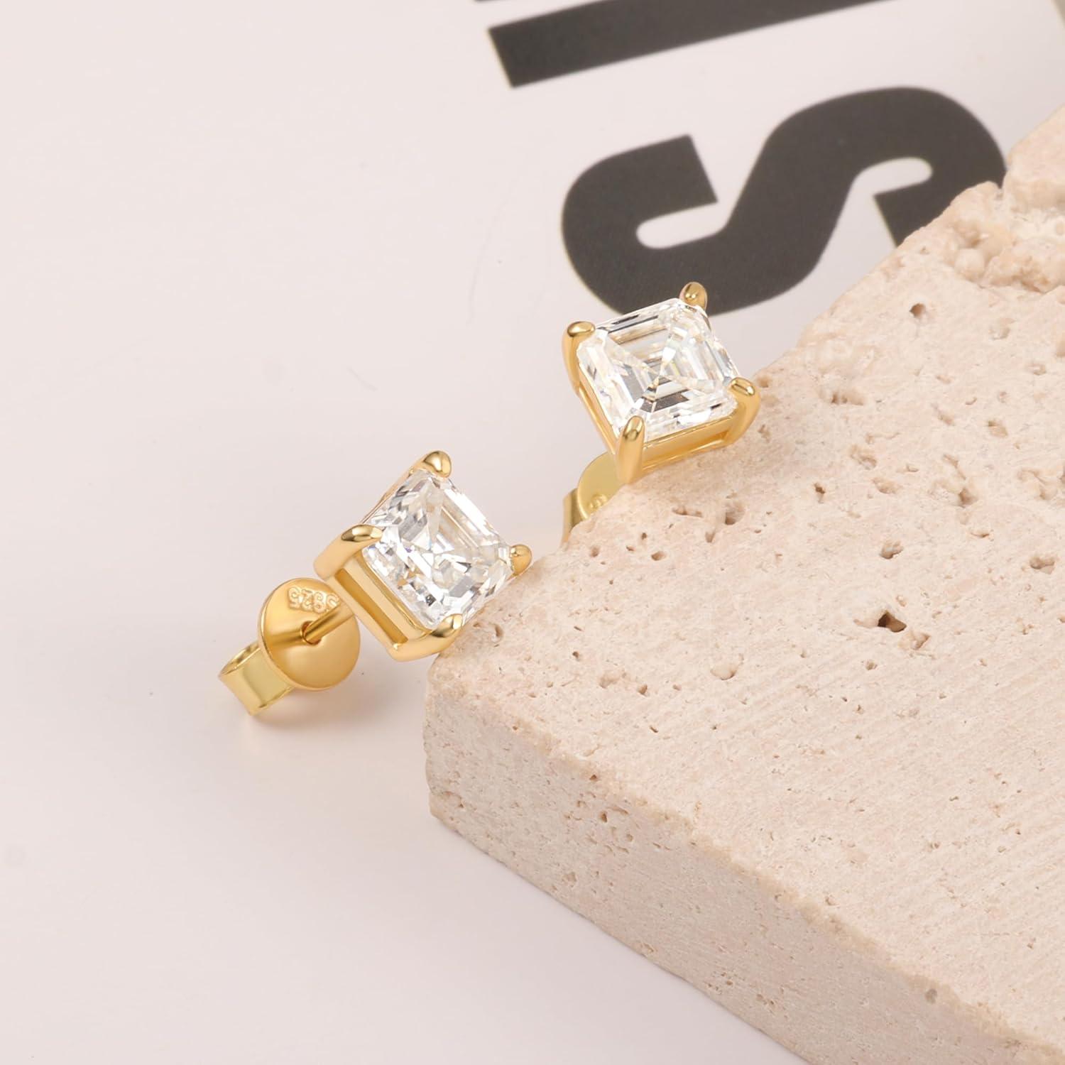 Moissanite Stud Earrings for Women 14K Gold Plated Sterling Silver Stud Earrings 6mm 2ct Asscher Cut D Color VVS1 Moissanite Stud Earrings Lab Created(Gold-5mm-1.2ct(0.6ctx2))