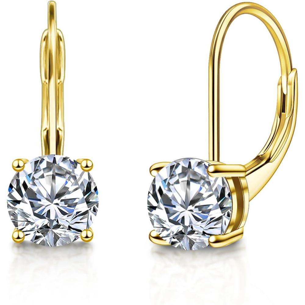 LANCHARMED Moissanite Earrings, White Gold Plated Soild Sterling Silver Dangle Earrings 1.0ct-2.0ct D Color Brilliant Round Cut Lab Created Moissanite French Leverback Drop Earring for Women(A-Gold_2.0CT(1ct*2))