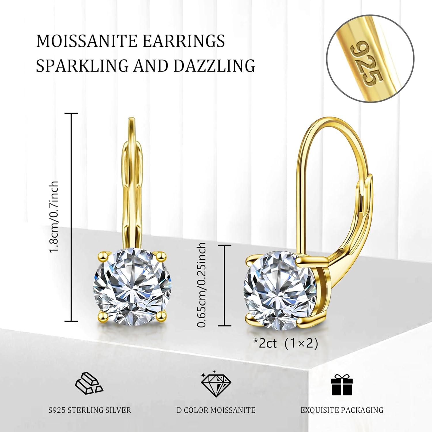 LANCHARMED Moissanite Earrings, White Gold Plated Soild Sterling Silver Dangle Earrings 1.0ct-2.0ct D Color Brilliant Round Cut Lab Created Moissanite French Leverback Drop Earring for Women(A-Gold_2.0CT(1ct*2))