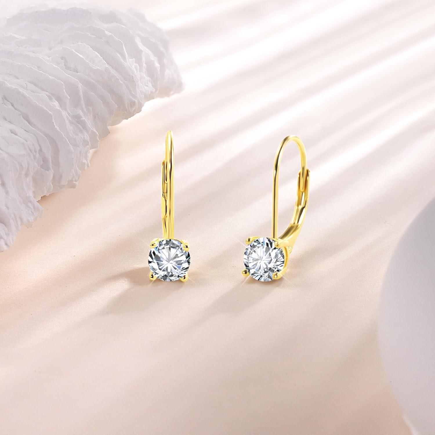LANCHARMED Moissanite Earrings, White Gold Plated Soild Sterling Silver Dangle Earrings 1.0ct-2.0ct D Color Brilliant Round Cut Lab Created Moissanite French Leverback Drop Earring for Women(A-Gold_2.0CT(1ct*2))