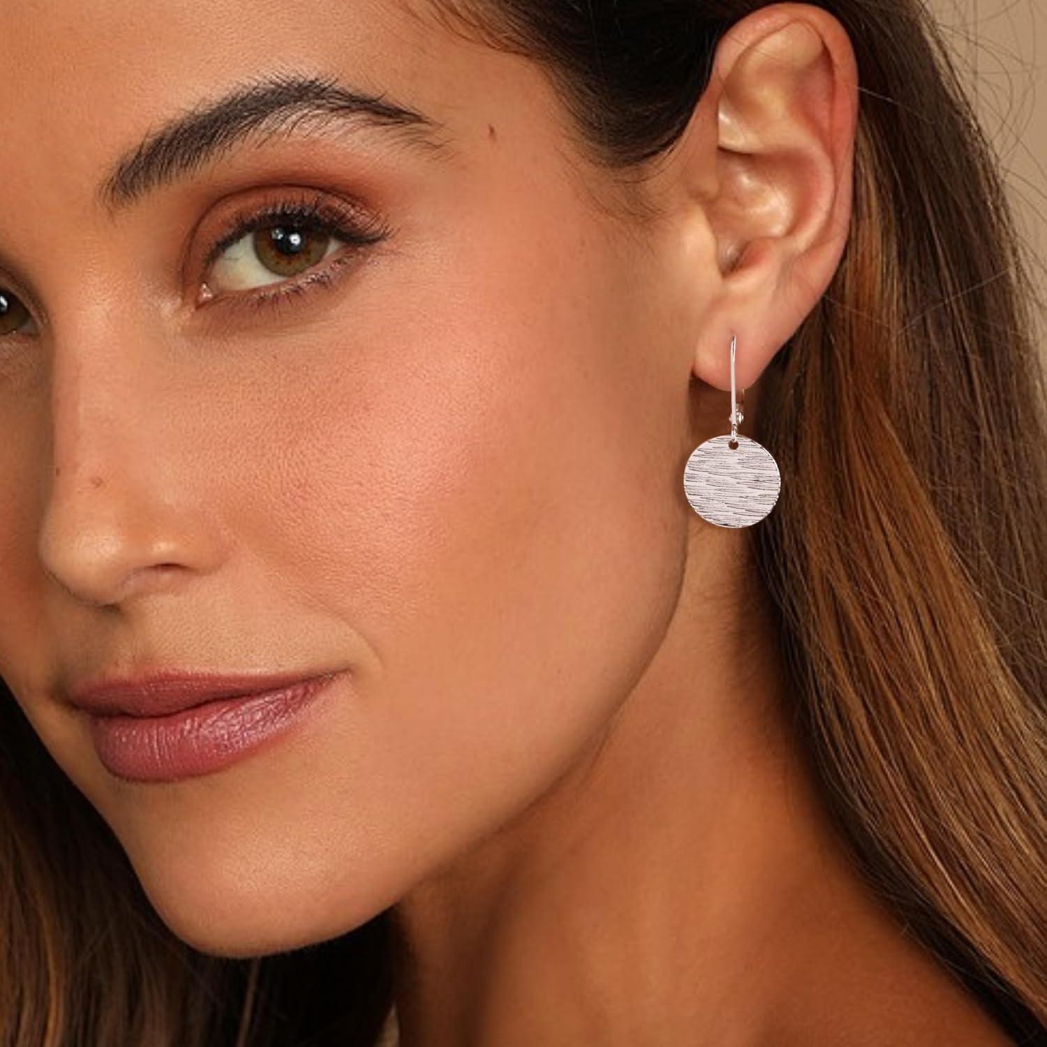 LANCHARMED Sterling Silver Disc Dangle Earrings for Women Gold and Silver Circle Coin Geometric Flat Hammered Drop Earrings Hypoallergenic Leverback Earrings for Jewelry Gifts(Coin Silver)