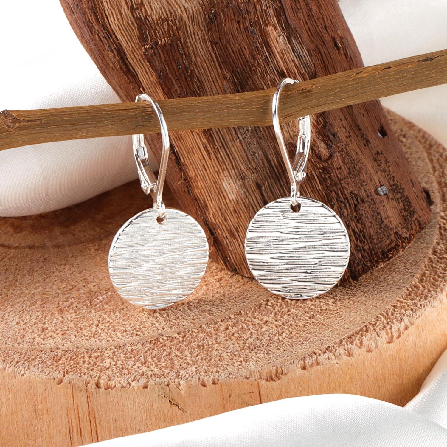 LANCHARMED Sterling Silver Disc Dangle Earrings for Women Gold and Silver Circle Coin Geometric Flat Hammered Drop Earrings Hypoallergenic Leverback Earrings for Jewelry Gifts(Coin Silver)