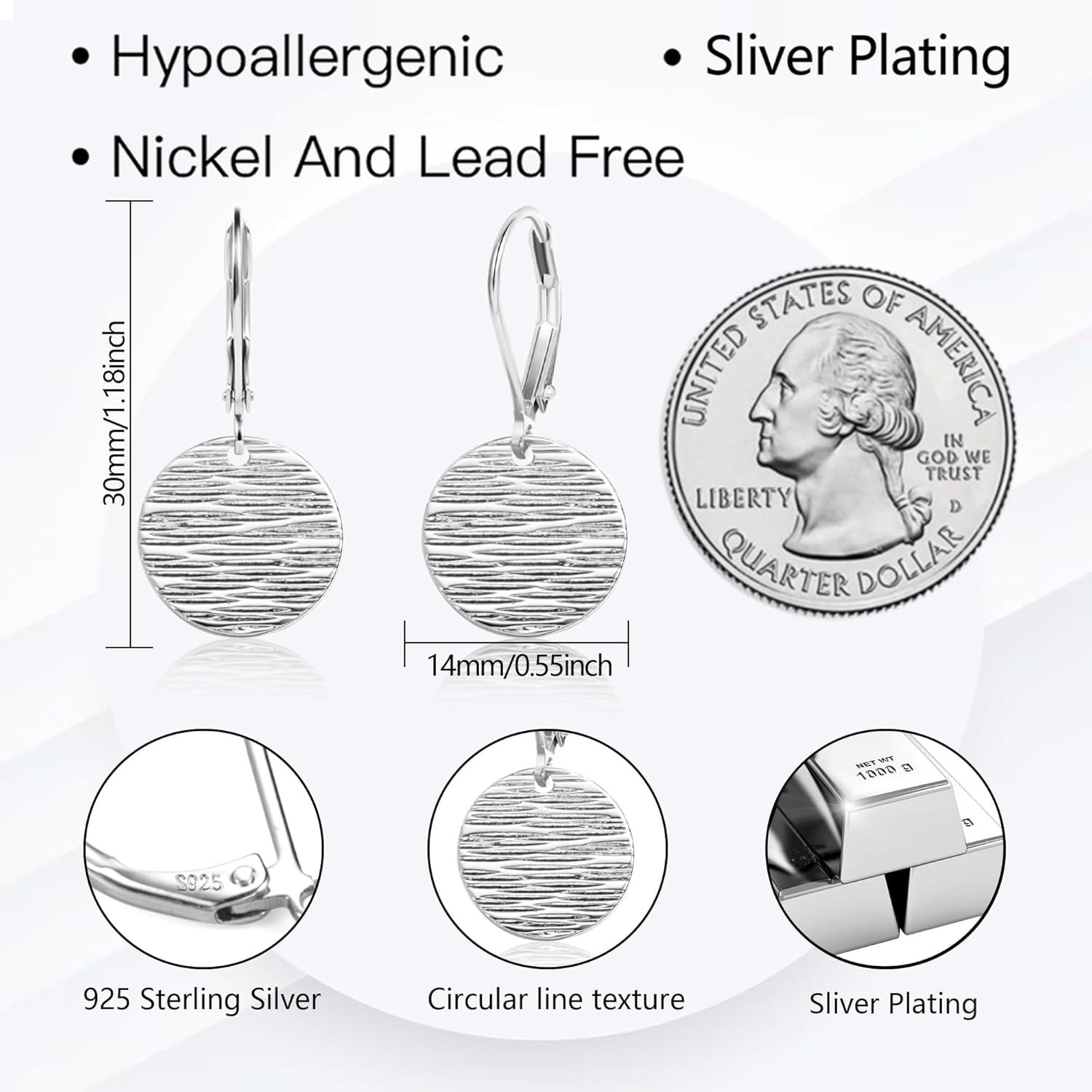 LANCHARMED Sterling Silver Disc Dangle Earrings for Women Gold and Silver Circle Coin Geometric Flat Hammered Drop Earrings Hypoallergenic Leverback Earrings for Jewelry Gifts(Coin Silver)