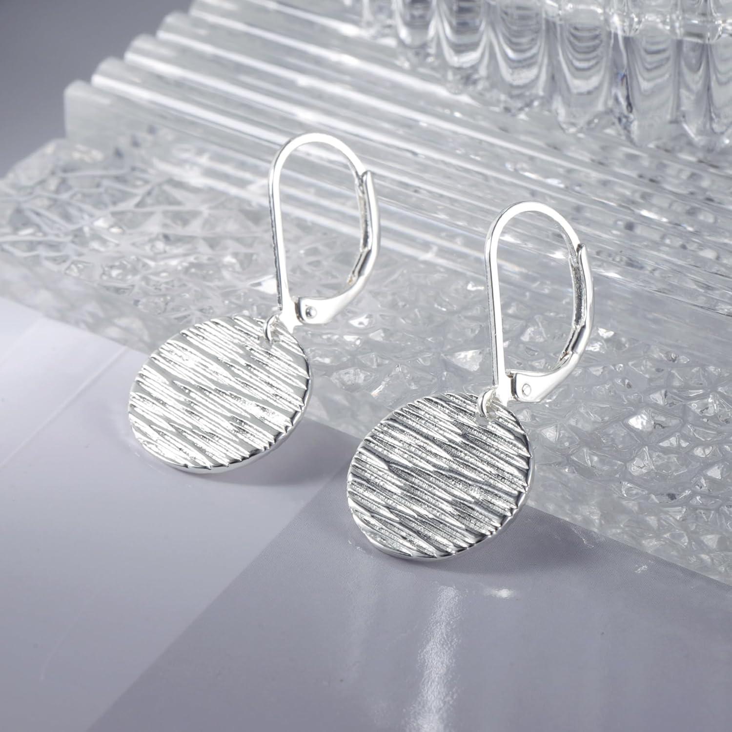 LANCHARMED Sterling Silver Disc Dangle Earrings for Women Gold and Silver Circle Coin Geometric Flat Hammered Drop Earrings Hypoallergenic Leverback Earrings for Jewelry Gifts(Coin Silver)