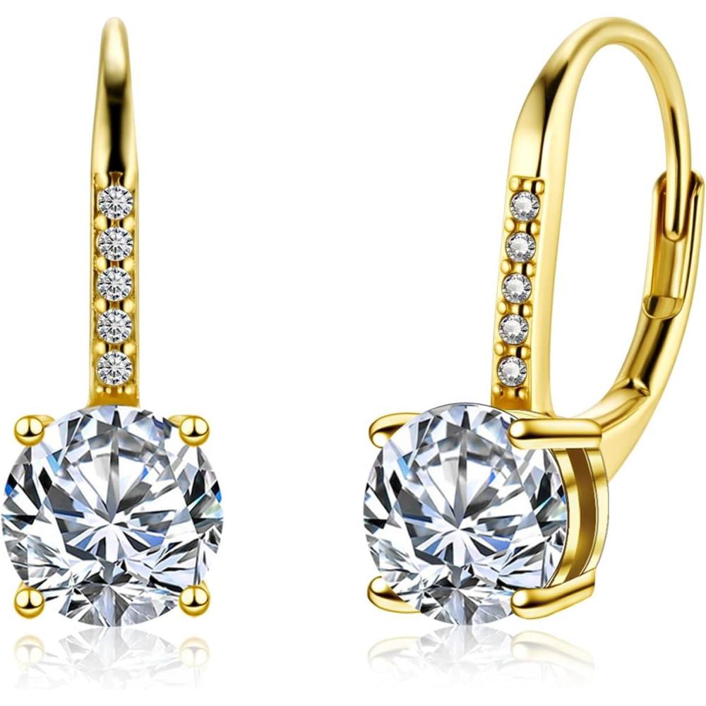 LANCHARMED Moissanite Earrings, White Gold Plated Soild Sterling Silver Dangle Earrings 1.0ct-2.0ct D Color Brilliant Round Cut Lab Created Moissanite French Leverback Drop Earring for Women(B-Gold_2.0CT(1.0ct*2))