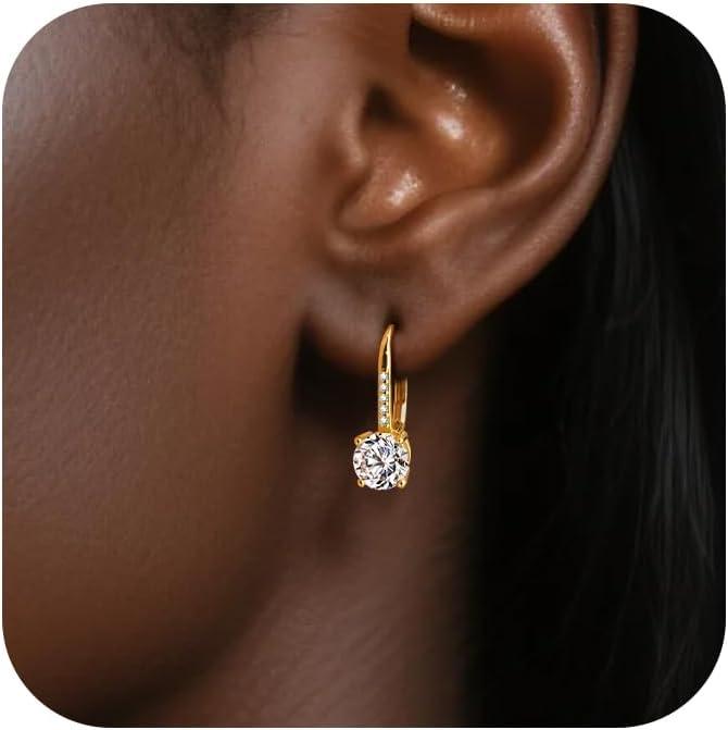 LANCHARMED Moissanite Earrings, White Gold Plated Soild Sterling Silver Dangle Earrings 1.0ct-2.0ct D Color Brilliant Round Cut Lab Created Moissanite French Leverback Drop Earring for Women(B-Gold_2.0CT(1.0ct*2))