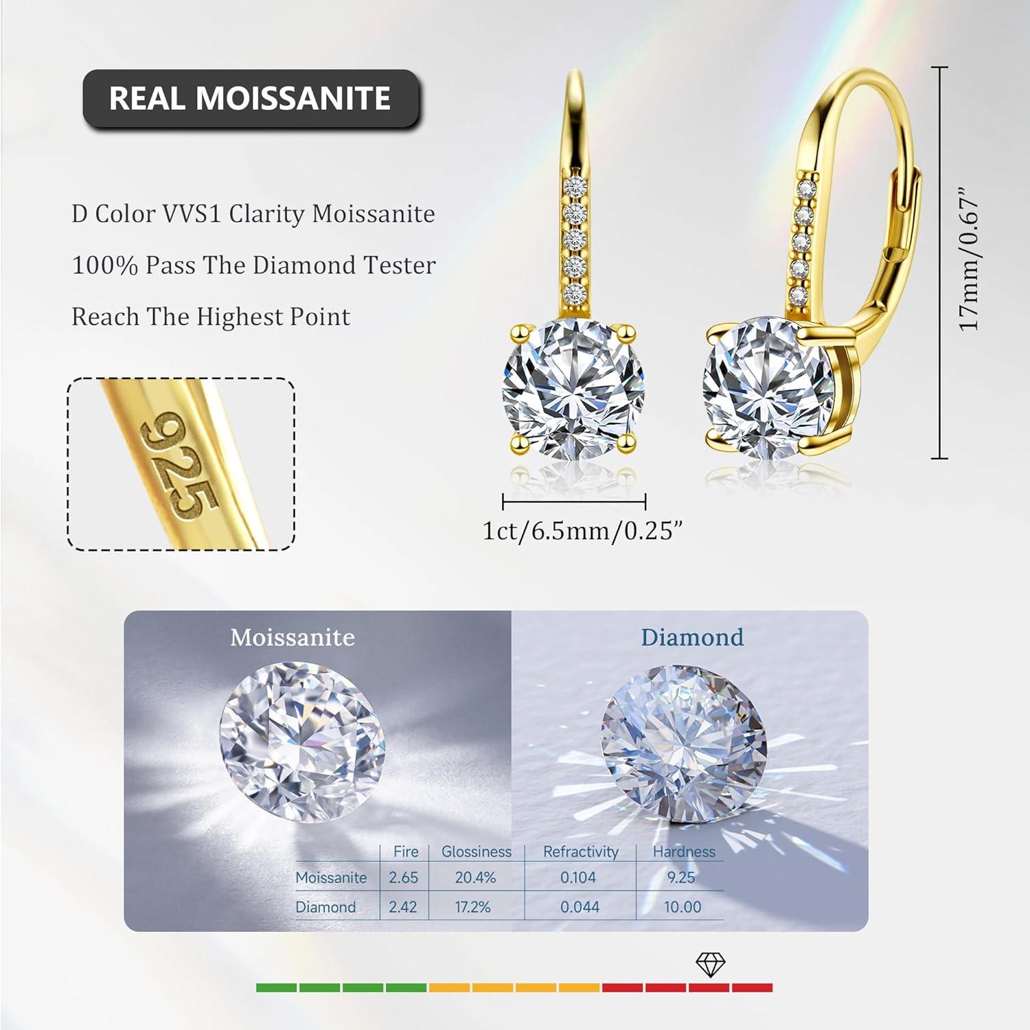 LANCHARMED Moissanite Earrings, White Gold Plated Soild Sterling Silver Dangle Earrings 1.0ct-2.0ct D Color Brilliant Round Cut Lab Created Moissanite French Leverback Drop Earring for Women(B-Gold_2.0CT(1.0ct*2))