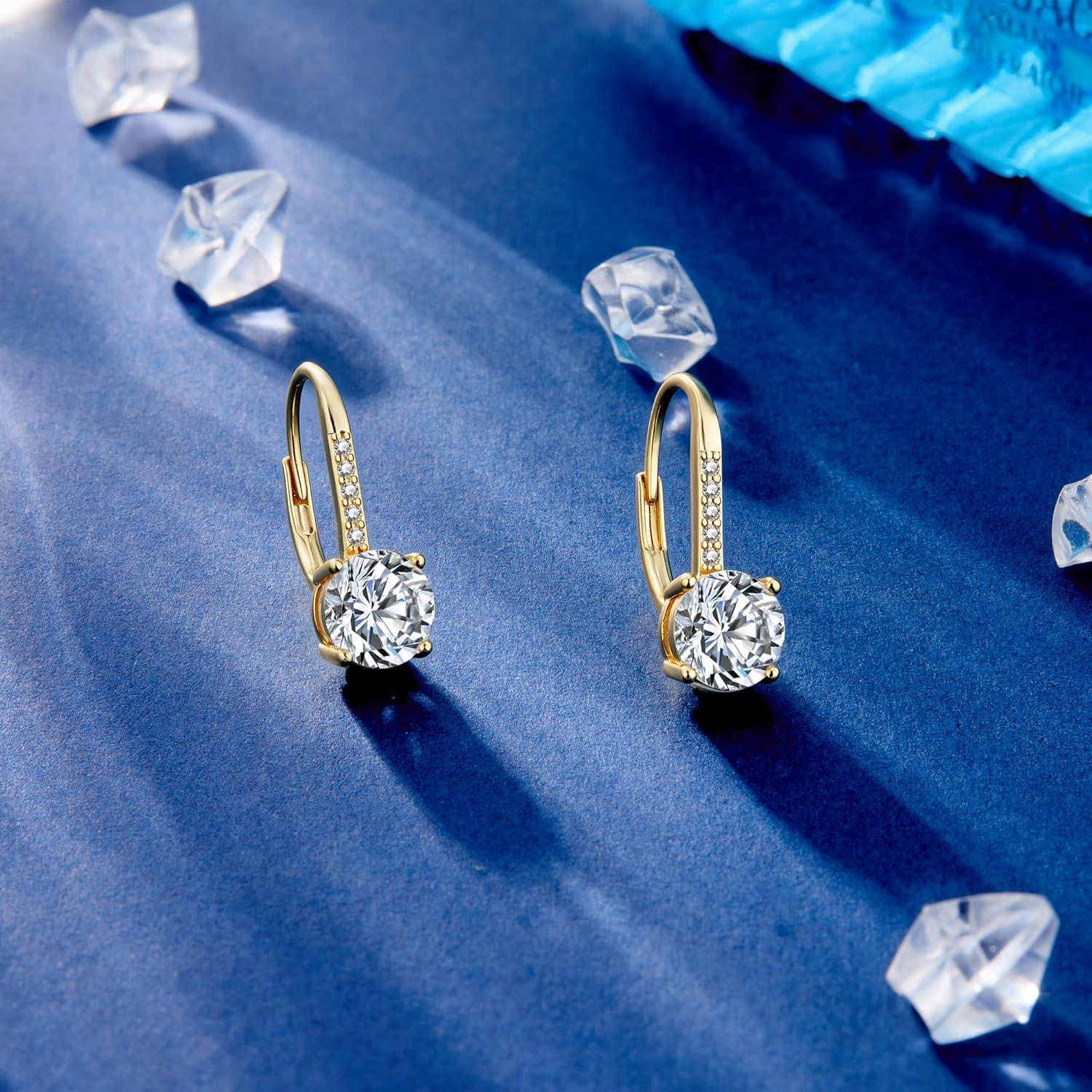 LANCHARMED Moissanite Earrings, White Gold Plated Soild Sterling Silver Dangle Earrings 1.0ct-2.0ct D Color Brilliant Round Cut Lab Created Moissanite French Leverback Drop Earring for Women(B-Gold_2.0CT(1.0ct*2))