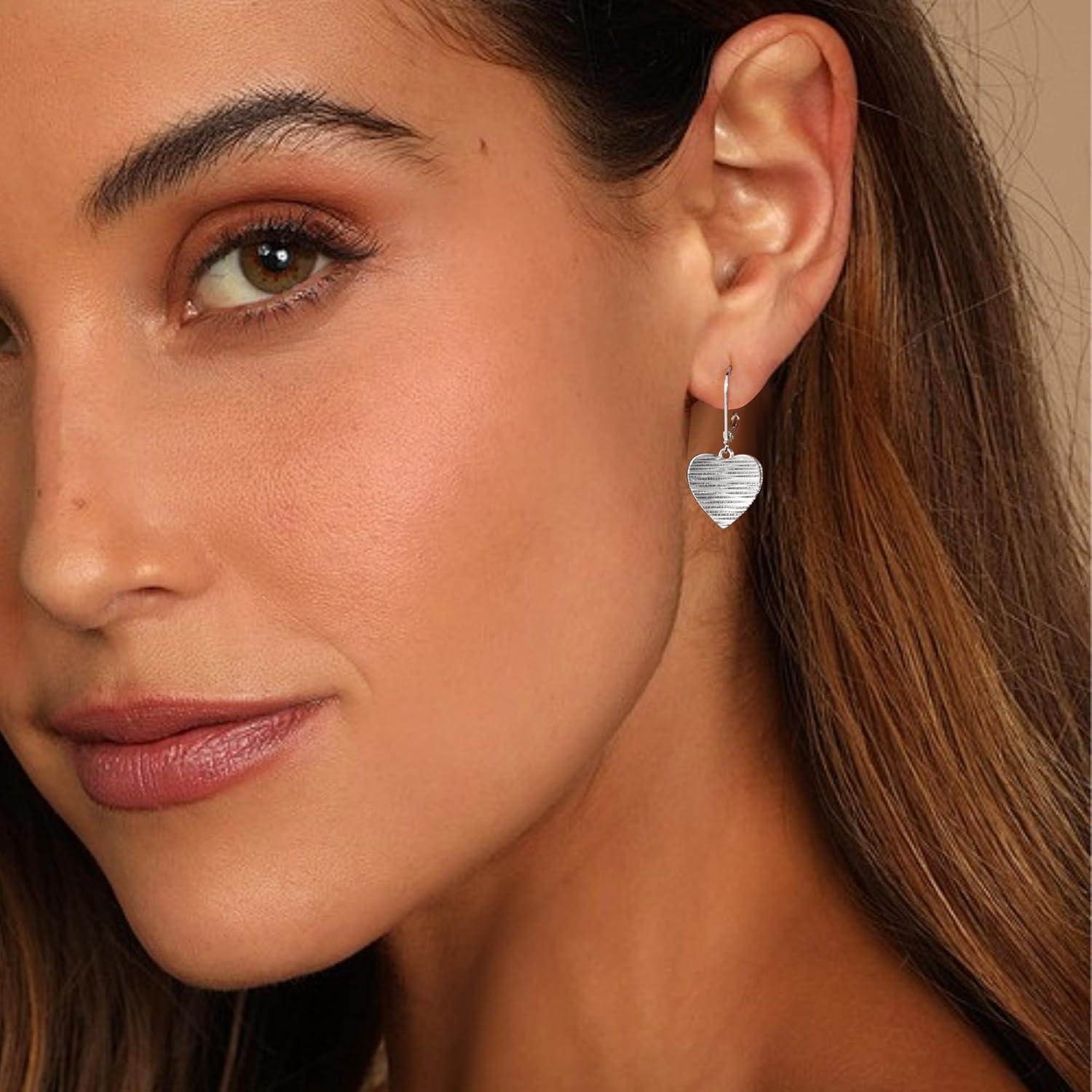LANCHARMED Sterling Silver Disc Dangle Earrings for Women Gold and Silver Circle Coin Geometric Flat Hammered Drop Earrings Hypoallergenic Leverback Earrings for Jewelry Gifts(Heart Silver)