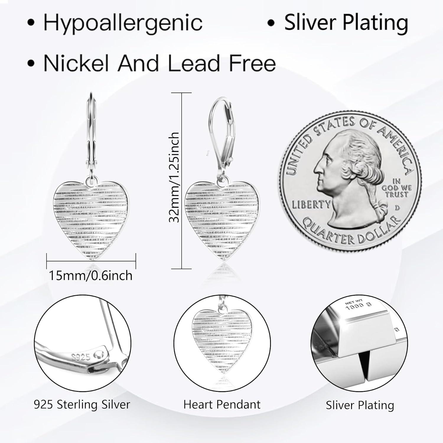 LANCHARMED Sterling Silver Disc Dangle Earrings for Women Gold and Silver Circle Coin Geometric Flat Hammered Drop Earrings Hypoallergenic Leverback Earrings for Jewelry Gifts(Heart Silver)