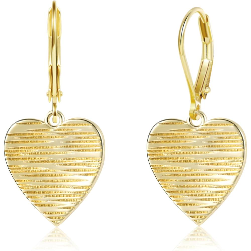 LANCHARMED Sterling Silver Disc Dangle Earrings for Women Gold and Silver Circle Coin Geometric Flat Hammered Drop Earrings Hypoallergenic Leverback Earrings for Jewelry Gifts(Heart 14K Gold)