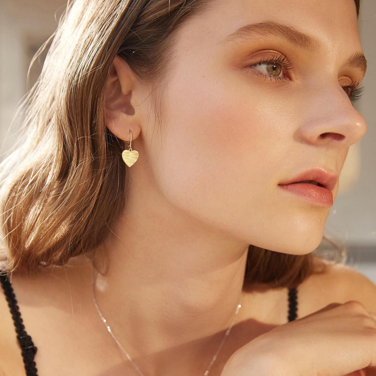 LANCHARMED Sterling Silver Disc Dangle Earrings for Women Gold and Silver Circle Coin Geometric Flat Hammered Drop Earrings Hypoallergenic Leverback Earrings for Jewelry Gifts(Heart 14K Gold)