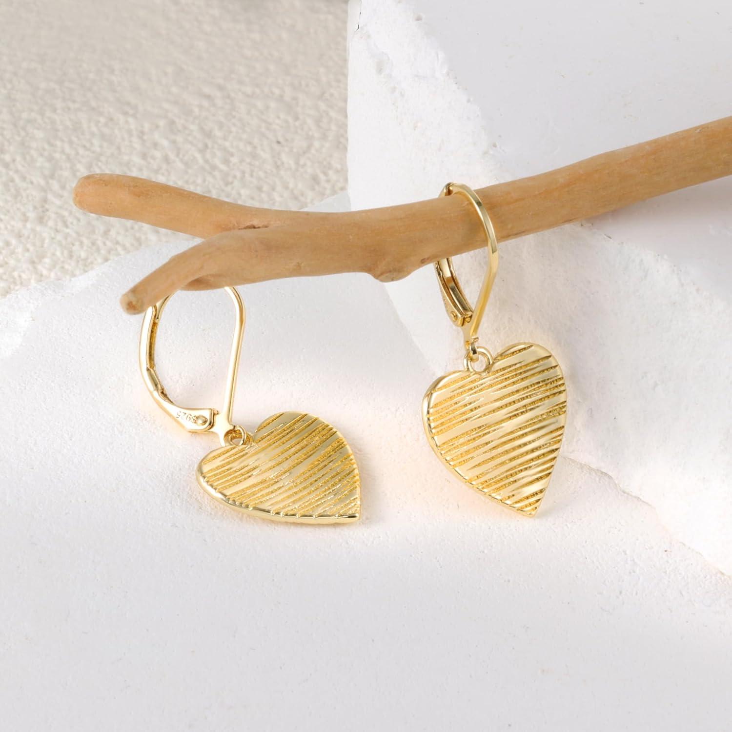LANCHARMED Sterling Silver Disc Dangle Earrings for Women Gold and Silver Circle Coin Geometric Flat Hammered Drop Earrings Hypoallergenic Leverback Earrings for Jewelry Gifts(Heart 14K Gold)