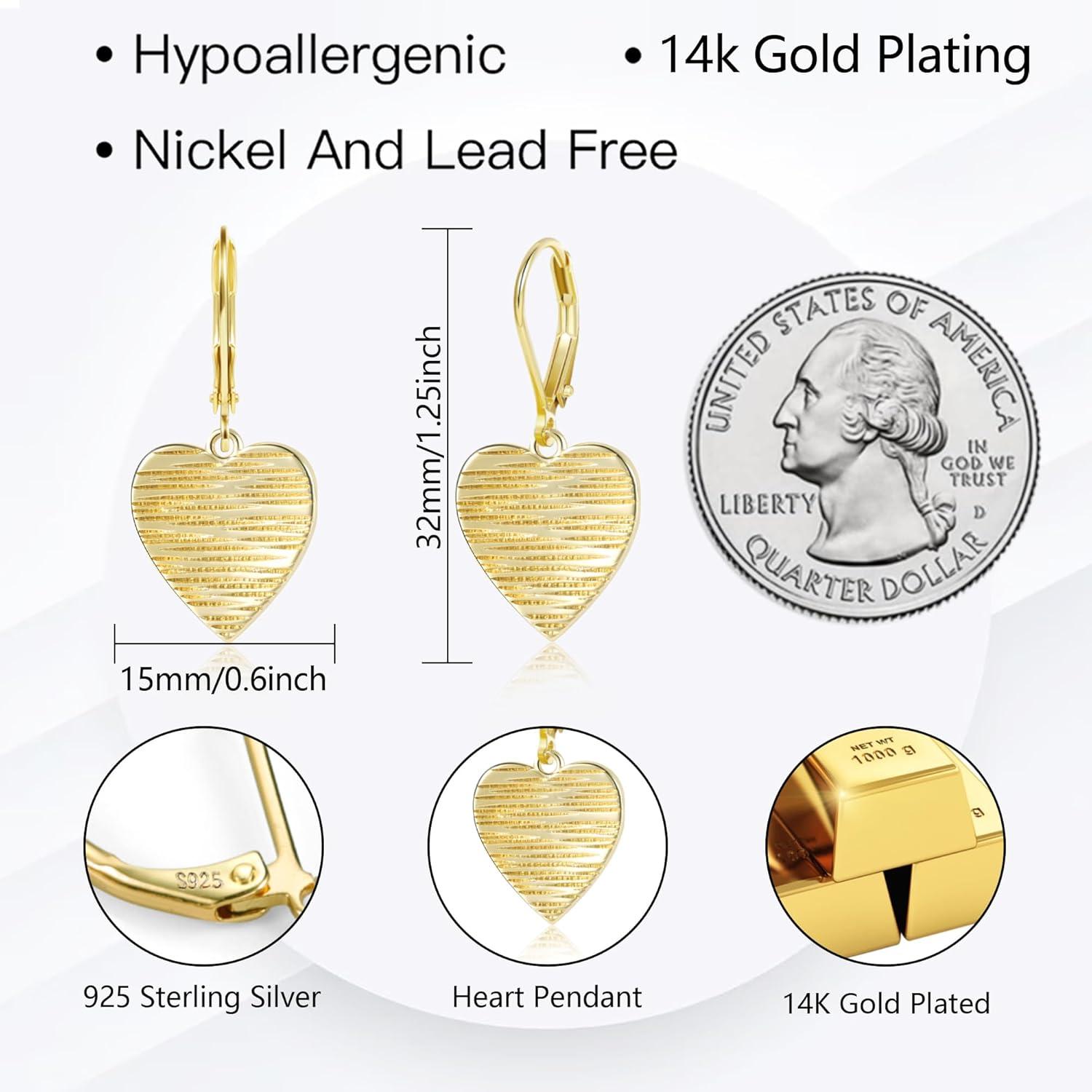 LANCHARMED Sterling Silver Disc Dangle Earrings for Women Gold and Silver Circle Coin Geometric Flat Hammered Drop Earrings Hypoallergenic Leverback Earrings for Jewelry Gifts(Heart 14K Gold)