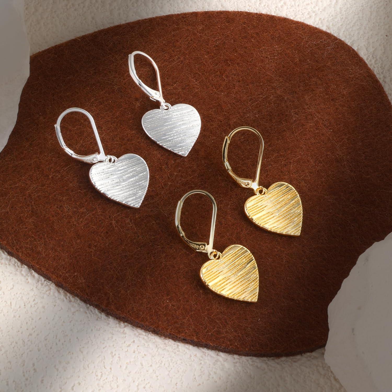 LANCHARMED Sterling Silver Disc Dangle Earrings for Women Gold and Silver Circle Coin Geometric Flat Hammered Drop Earrings Hypoallergenic Leverback Earrings for Jewelry Gifts(Heart 14K Gold)