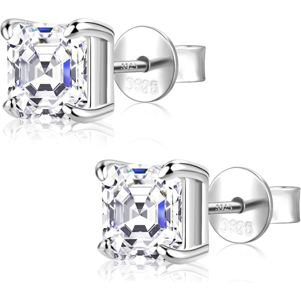 Moissanite Stud Earrings for Women 14K Gold Plated Sterling Silver Stud Earrings 6mm 2ct Asscher Cut D Color VVS1 Moissanite Stud Earrings Lab Created(Silver-6mm-2ct(1ctx2))