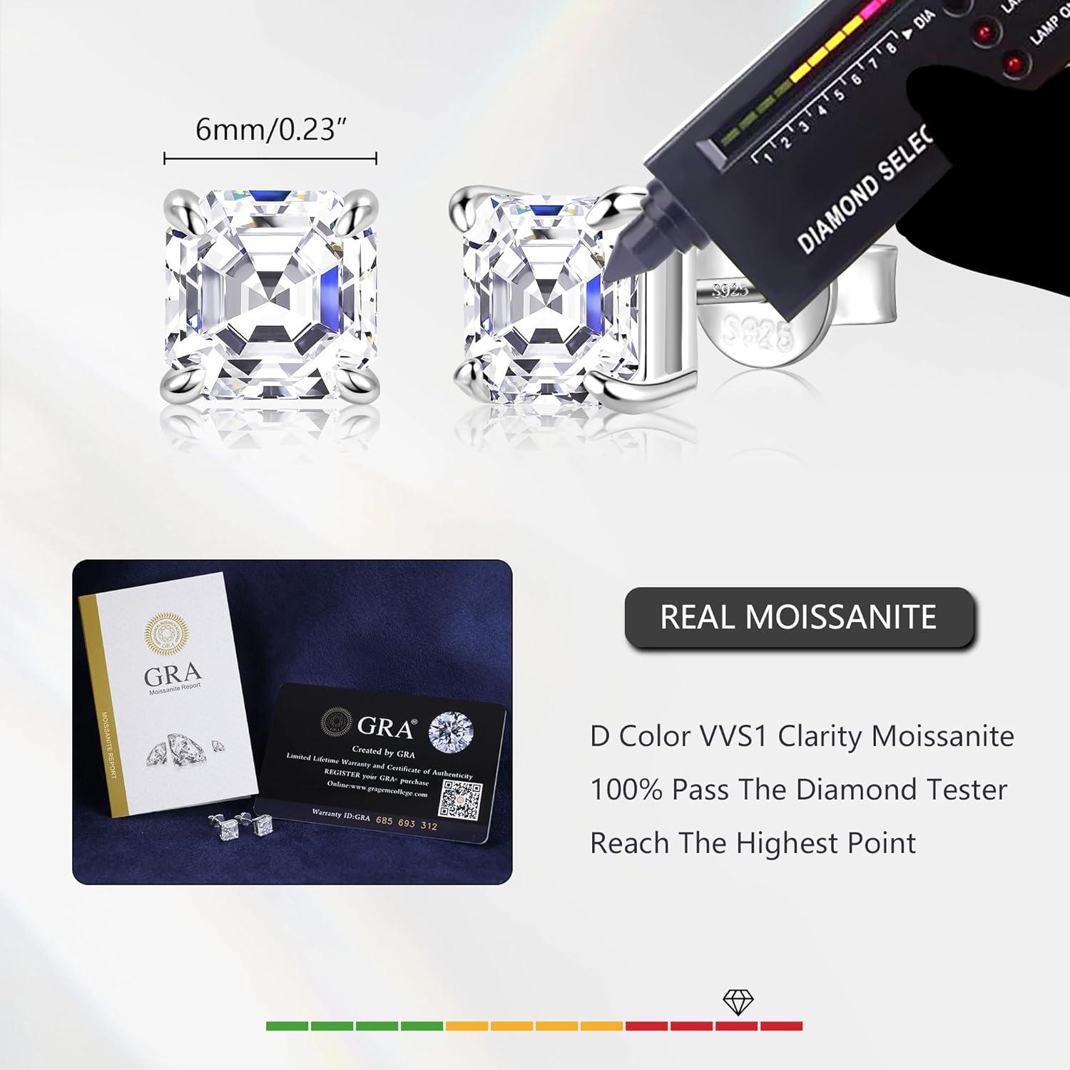 Moissanite Stud Earrings for Women 14K Gold Plated Sterling Silver Stud Earrings 6mm 2ct Asscher Cut D Color VVS1 Moissanite Stud Earrings Lab Created(Silver-6mm-2ct(1ctx2))