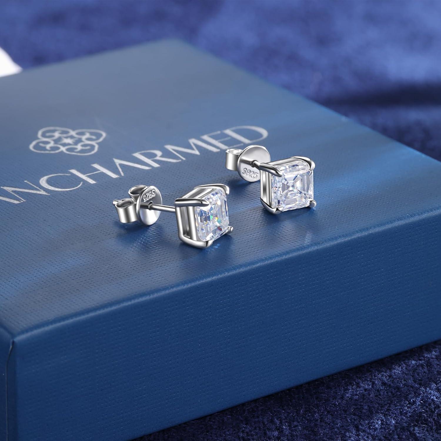 Moissanite Stud Earrings for Women 14K Gold Plated Sterling Silver Stud Earrings 6mm 2ct Asscher Cut D Color VVS1 Moissanite Stud Earrings Lab Created(Silver-6mm-2ct(1ctx2))
