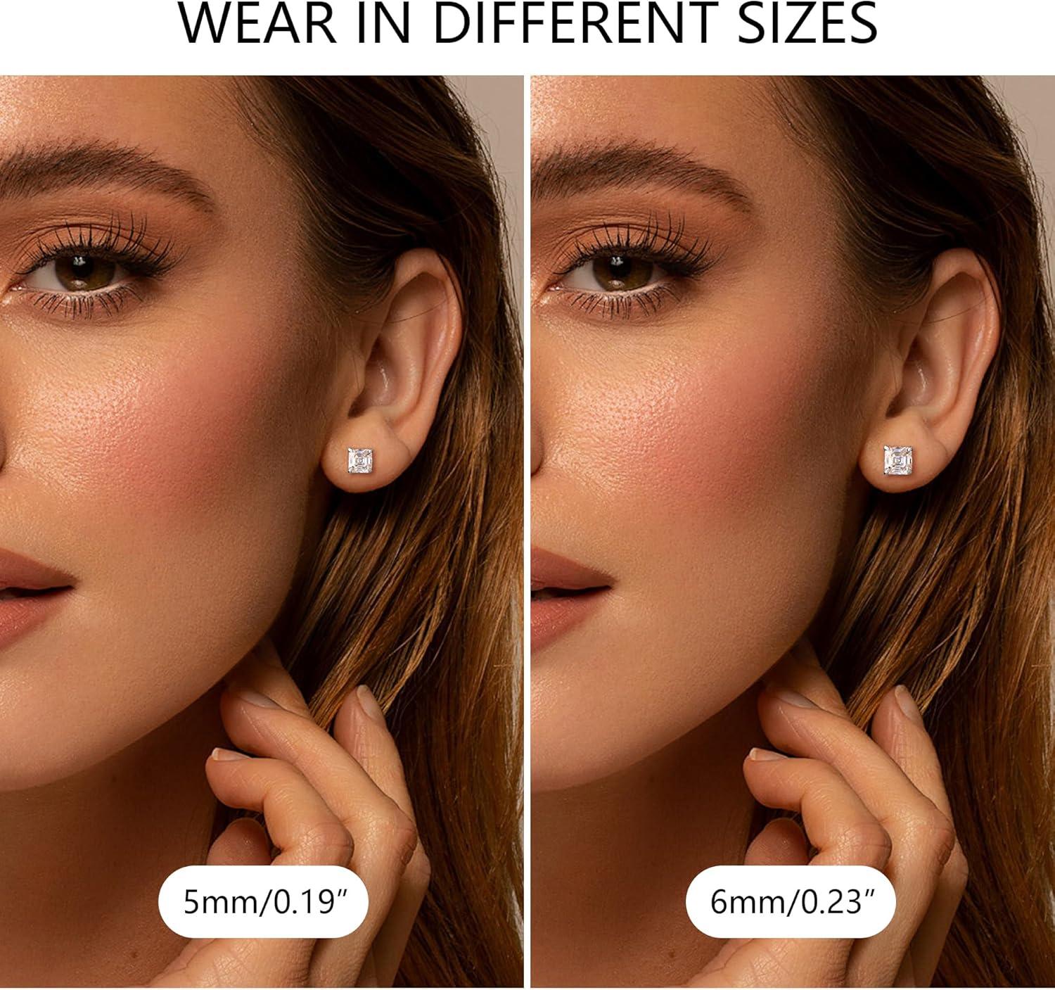 Moissanite Stud Earrings for Women 14K Gold Plated Sterling Silver Stud Earrings 6mm 2ct Asscher Cut D Color VVS1 Moissanite Stud Earrings Lab Created(Silver-6mm-2ct(1ctx2))