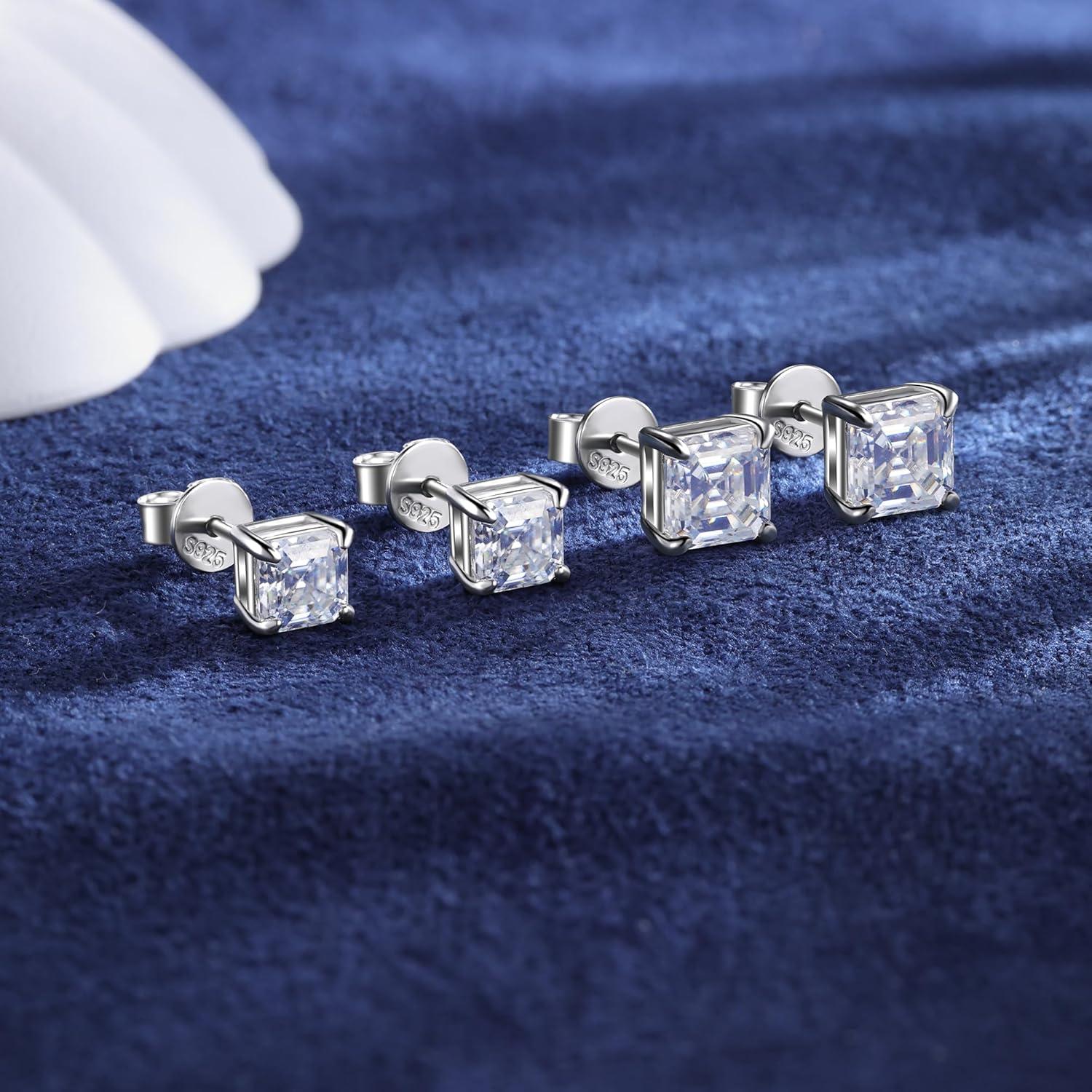 Moissanite Stud Earrings for Women 14K Gold Plated Sterling Silver Stud Earrings 6mm 2ct Asscher Cut D Color VVS1 Moissanite Stud Earrings Lab Created(Silver-6mm-2ct(1ctx2))
