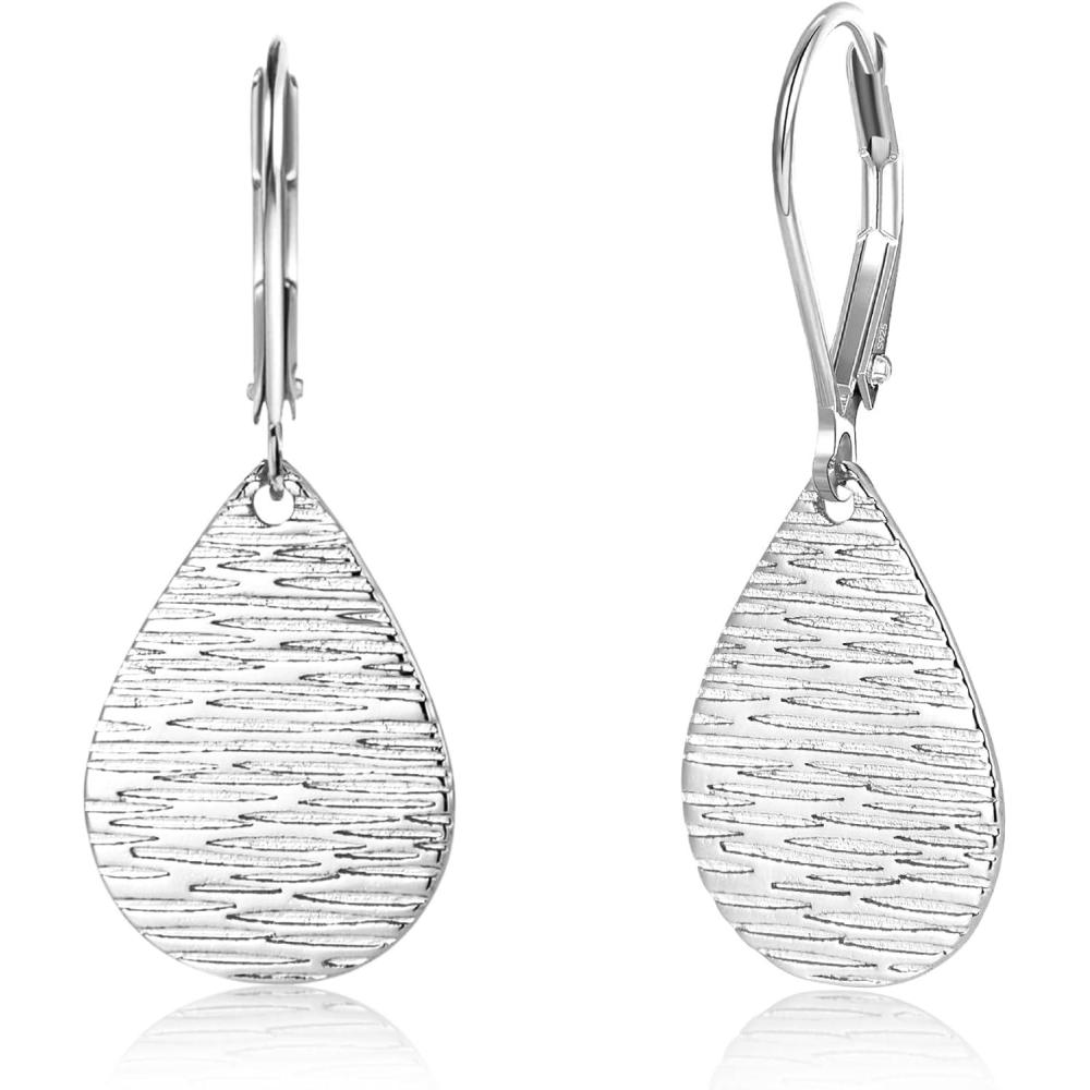 LANCHARMED Sterling Silver Disc Dangle Earrings for Women Gold and Silver Circle Coin Geometric Flat Hammered Drop Earrings Hypoallergenic Leverback Earrings for Jewelry Gifts(Teardrop Silver)