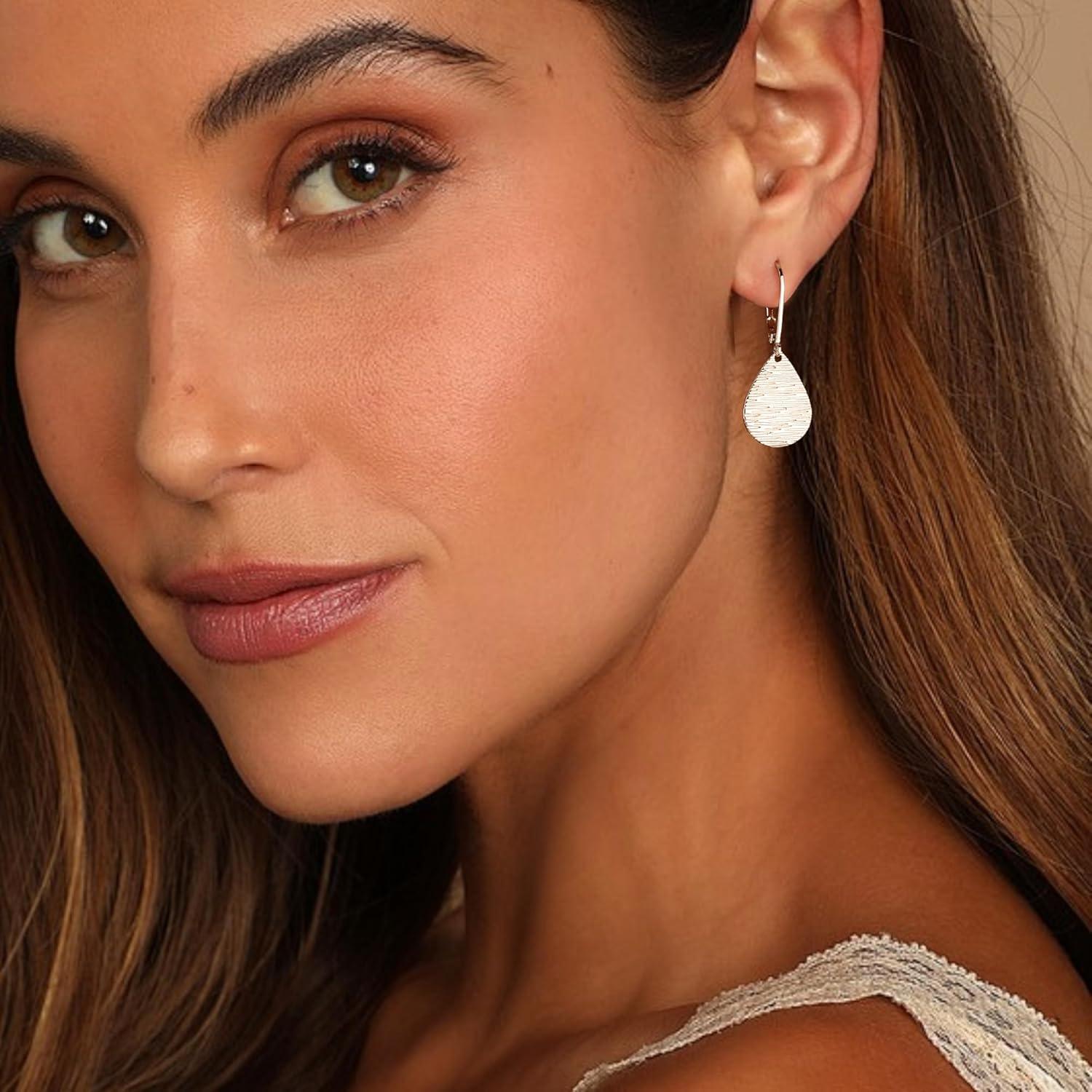LANCHARMED Sterling Silver Disc Dangle Earrings for Women Gold and Silver Circle Coin Geometric Flat Hammered Drop Earrings Hypoallergenic Leverback Earrings for Jewelry Gifts(Teardrop Silver)