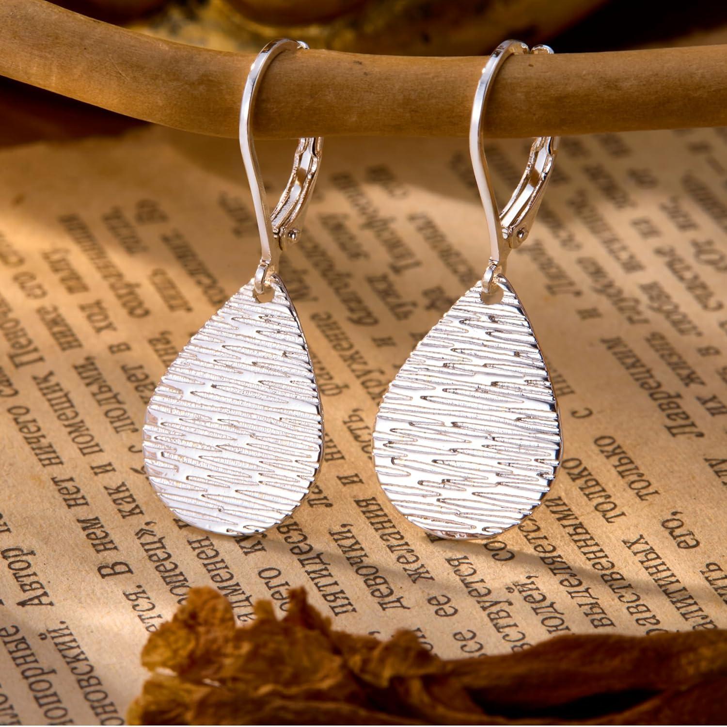 LANCHARMED Sterling Silver Disc Dangle Earrings for Women Gold and Silver Circle Coin Geometric Flat Hammered Drop Earrings Hypoallergenic Leverback Earrings for Jewelry Gifts(Teardrop Silver)