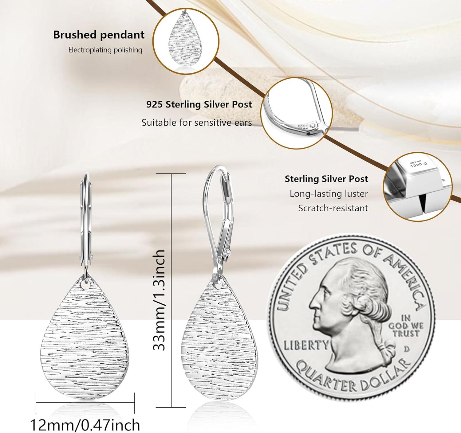 LANCHARMED Sterling Silver Disc Dangle Earrings for Women Gold and Silver Circle Coin Geometric Flat Hammered Drop Earrings Hypoallergenic Leverback Earrings for Jewelry Gifts(Teardrop Silver)