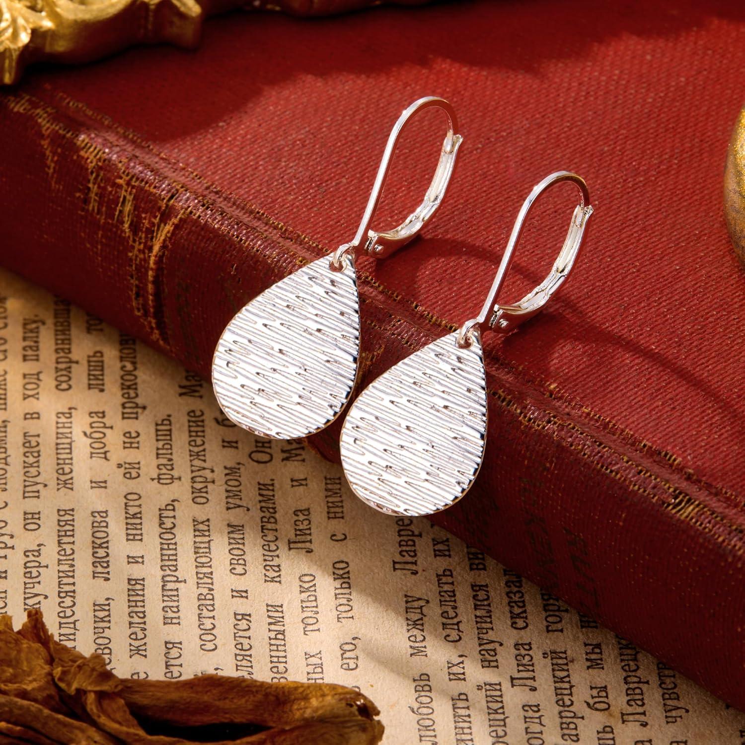 LANCHARMED Sterling Silver Disc Dangle Earrings for Women Gold and Silver Circle Coin Geometric Flat Hammered Drop Earrings Hypoallergenic Leverback Earrings for Jewelry Gifts(Teardrop Silver)