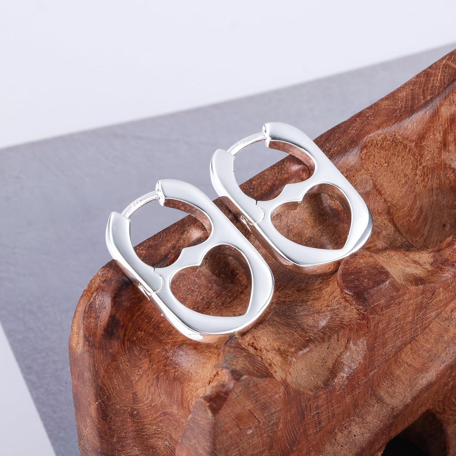 LANCHARMED 925 Sterling Silver Heart Rectangle Hoop Earrings for Women Trendy Geometric S925 Hypoallergenic Oval Earring 14K Gold Plated Square Huggie Hoops Earings Valentine Jewelry Gifts(Silver)