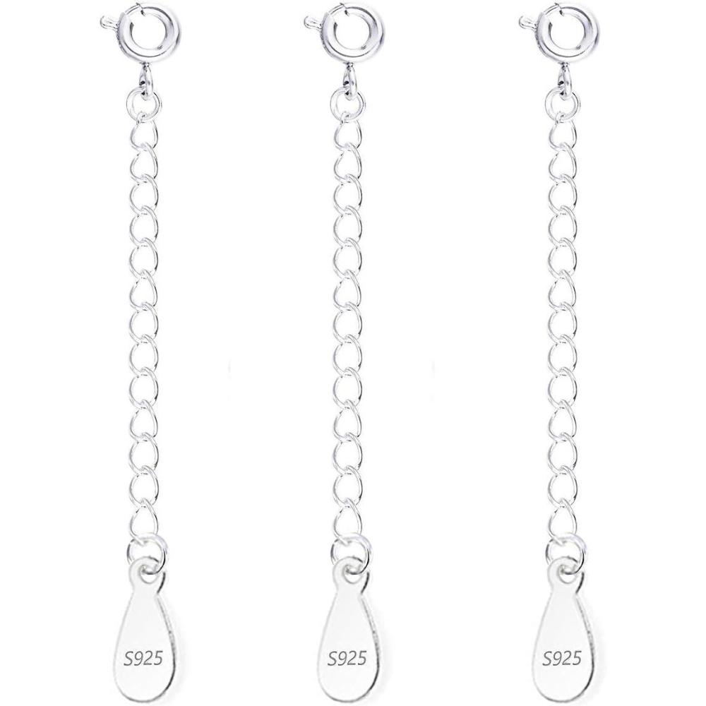 LANCHARMED 3 Pcs Necklace Extender, 925 Sterling Silver Extension for Jewelry Necklace Bracelet Anklet Extenders for Women Jewelry Making Chains 2 inch, Silver(3 Silver Extension Chains)