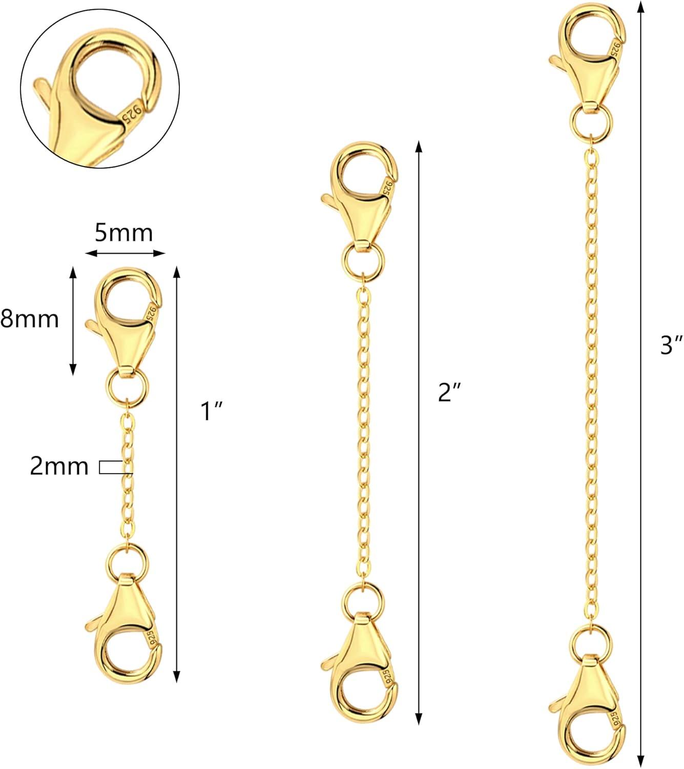 LANCHARMED 3 Pcs 925 Sterling Silver Necklace Extenders Gold Plated Durable Strong Removable Necklace Bracelet Anklet Extension Chain Extenders for Jewelry Making 1 2 3 Inch(Gold)