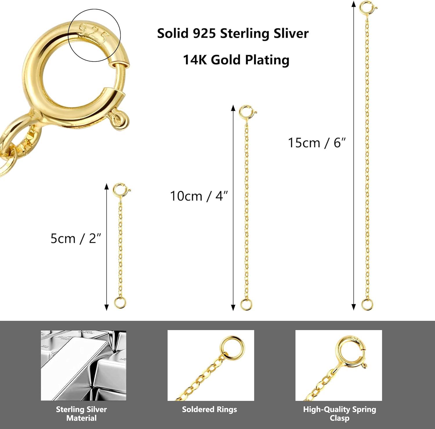 3 Pcs 925 Sterling Silver Necklace Extenders for Women Durable Strong Removable Necklace Bracelet Anklet Extension Jewelry Making Chains(2 4 6 Inch  Gold)