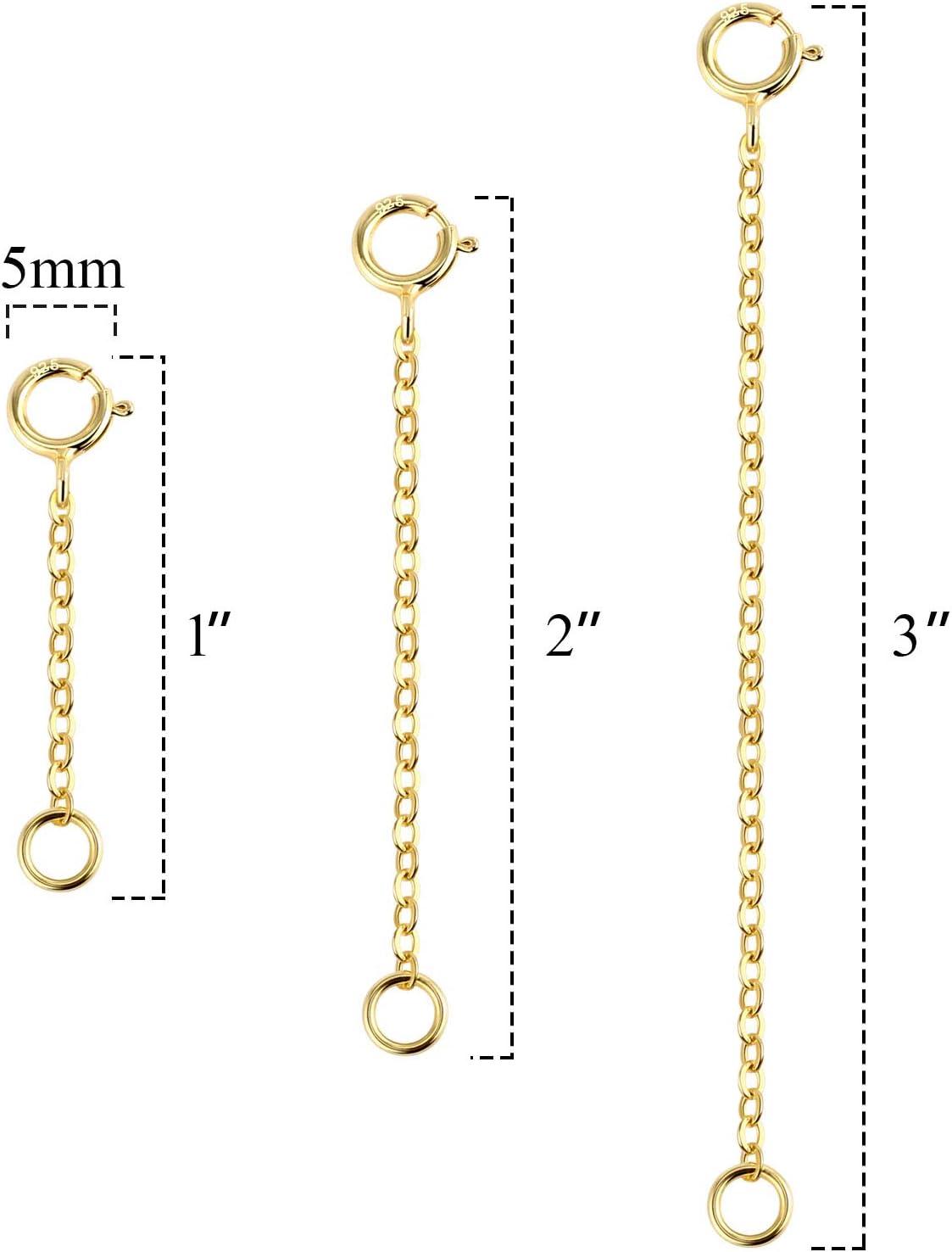 3 Pcs 925 Sterling Silver Necklace Extenders for Women Durable Strong Removable Necklace Bracelet Anklet Extension Jewelry Making Chains(1 2 3 Inch  Gold)