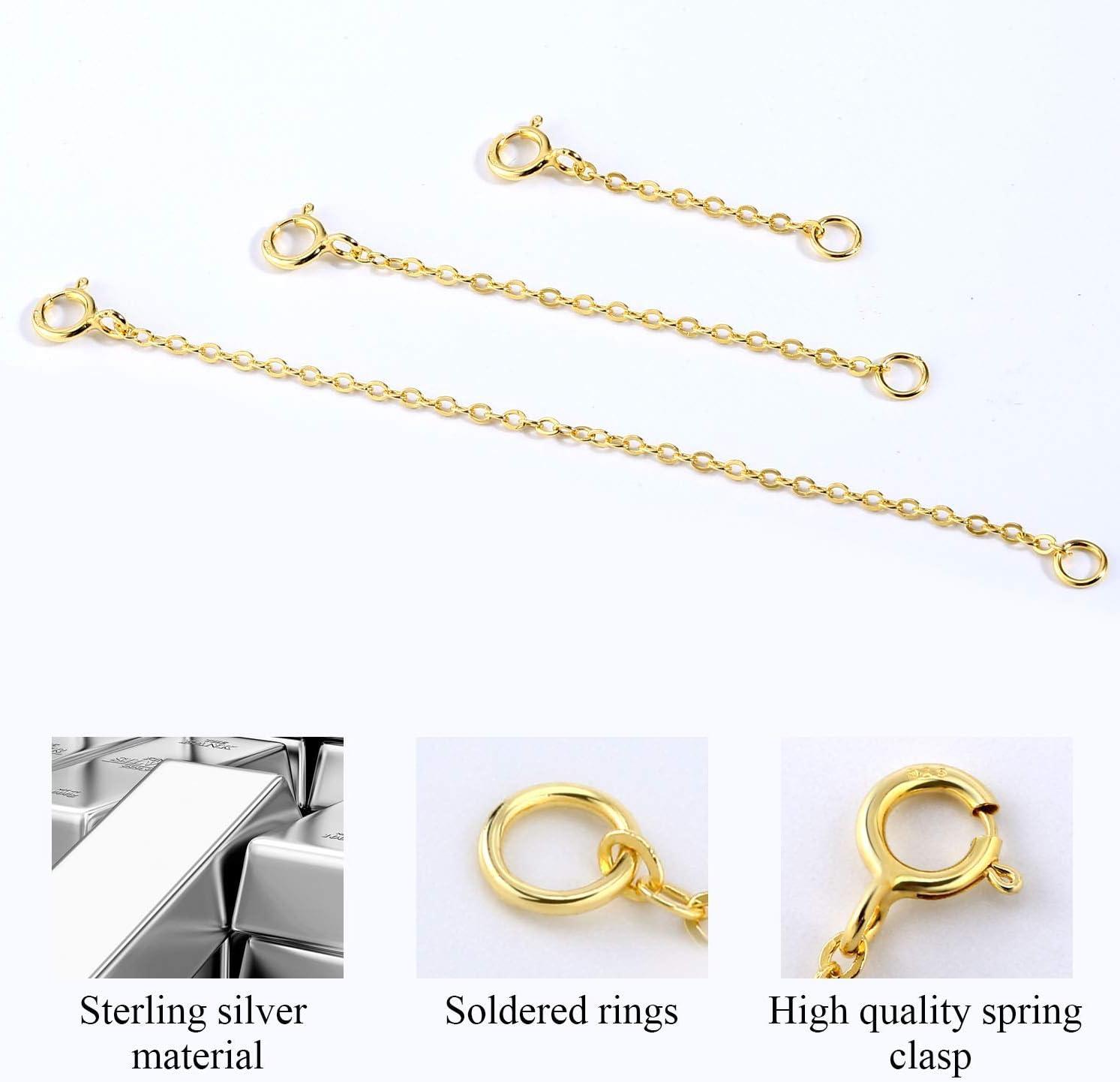 3 Pcs 925 Sterling Silver Necklace Extenders for Women Durable Strong Removable Necklace Bracelet Anklet Extension Jewelry Making Chains(1 2 3 Inch  Gold)