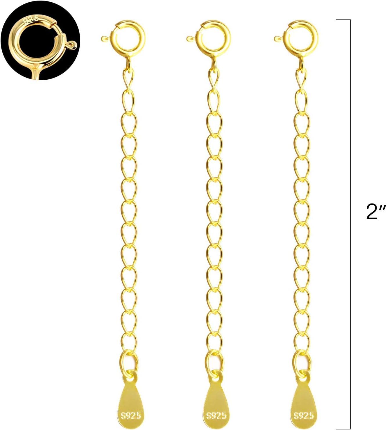 LANCHARMED 3 Pcs Necklace Extender, 925 Sterling Silver Extension for Jewelry Necklace Bracelet Anklet Extenders for Women Jewelry Making Chains 2 inch, Silver(3 Golden Extension Chains)