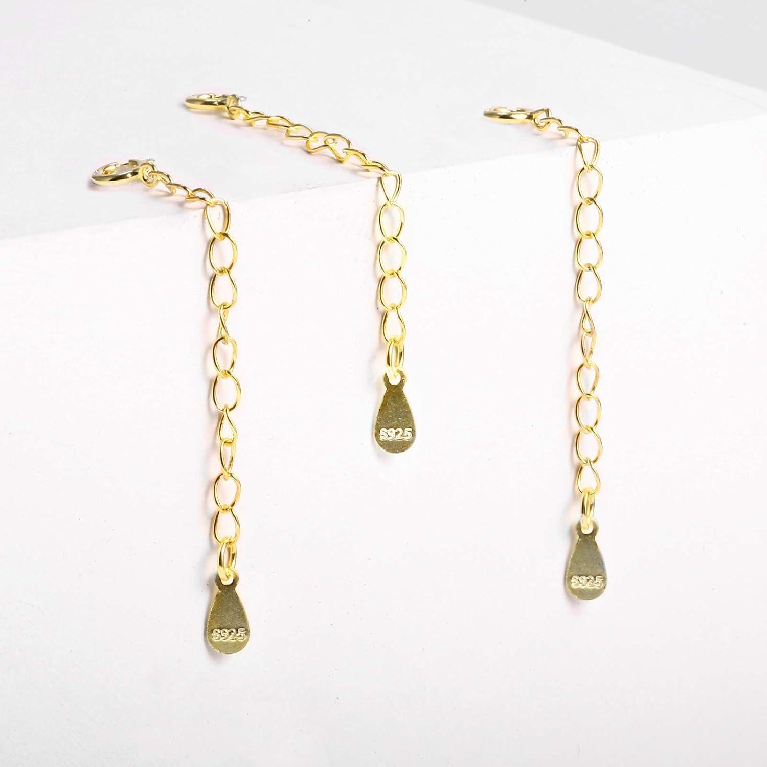 LANCHARMED 3 Pcs Necklace Extender, 925 Sterling Silver Extension for Jewelry Necklace Bracelet Anklet Extenders for Women Jewelry Making Chains 2 inch, Silver(3 Golden Extension Chains)