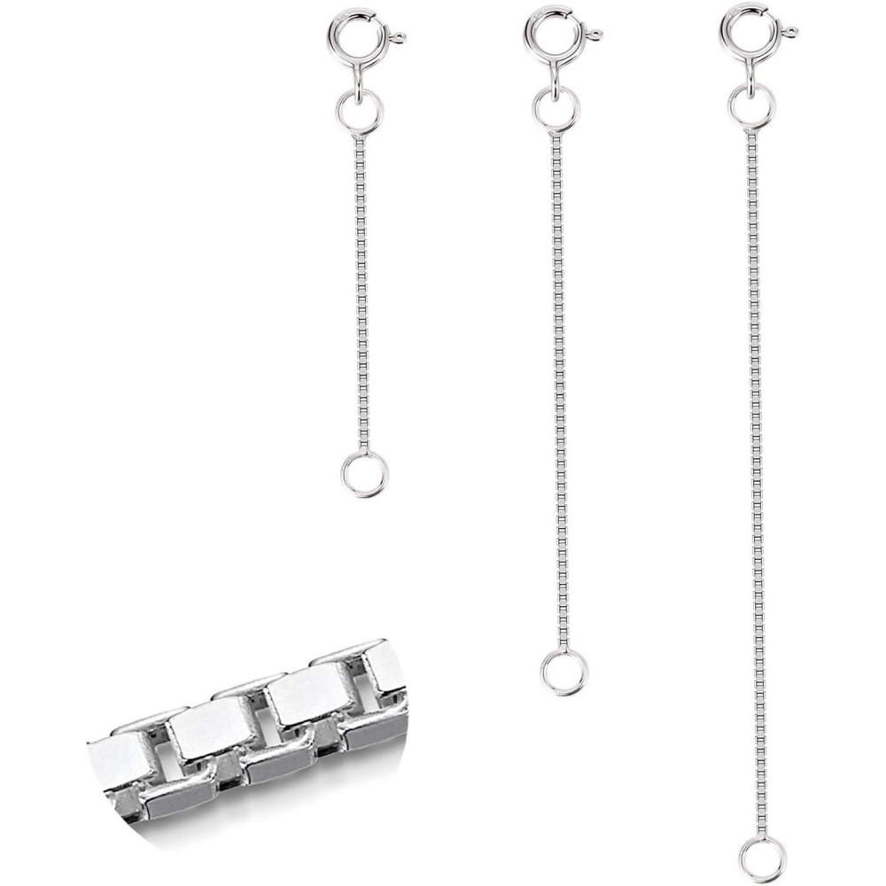 LANCHARMED 3 Pcs 925 Sterling Silver Box Chain Necklace Extenders | Durable Strong Removable Necklace Bracelet Anklet Extension Jewelry Making Chains (2 3 4 Inch, 0.8/1mm)(0.8mm)
