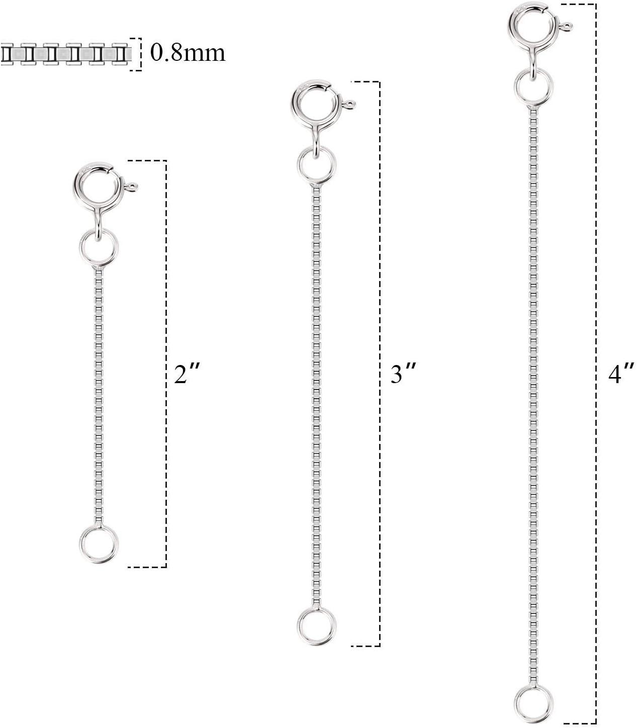 LANCHARMED 3 Pcs 925 Sterling Silver Box Chain Necklace Extenders | Durable Strong Removable Necklace Bracelet Anklet Extension Jewelry Making Chains (2 3 4 Inch, 0.8/1mm)(0.8mm)