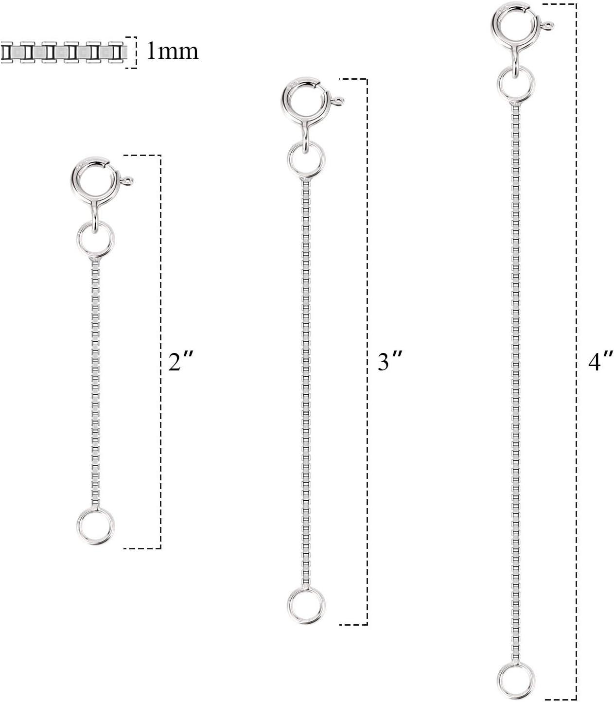 LANCHARMED 3 Pcs 925 Sterling Silver Box Chain Necklace Extenders | Durable Strong Removable Necklace Bracelet Anklet Extension Jewelry Making Chains (2 3 4 Inch, 0.8/1mm)(1mm)