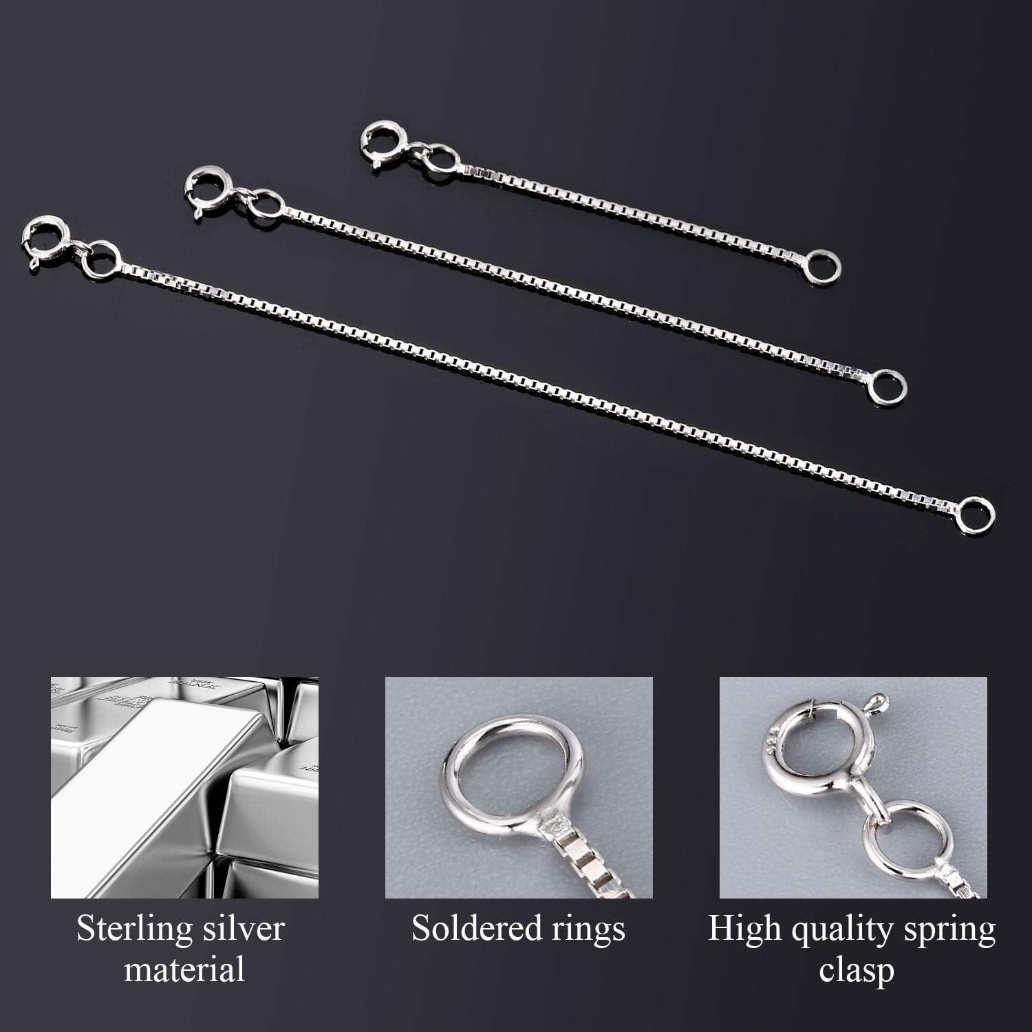 LANCHARMED 3 Pcs 925 Sterling Silver Box Chain Necklace Extenders | Durable Strong Removable Necklace Bracelet Anklet Extension Jewelry Making Chains (2 3 4 Inch, 0.8/1mm)(1mm)