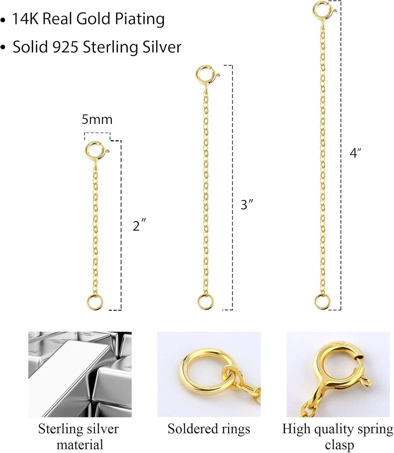 3 Pcs 925 Sterling Silver Necklace Extenders for Women Durable Strong Removable Necklace Bracelet Anklet Extension Jewelry Making Chains(2 3 4 Inch  Gold)